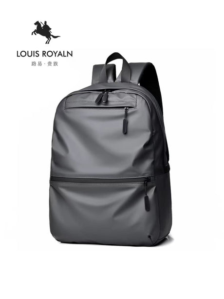 Louis Royaln minimalist black laptop backpack, front view, isolated on white background.
