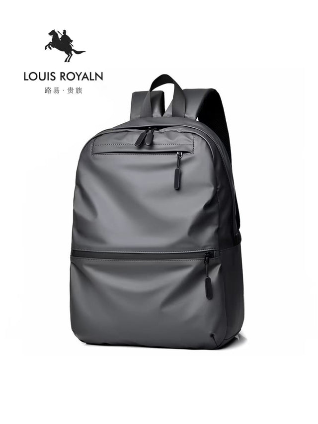 Louis Royaln minimalist black laptop backpack, front view, isolated on white background.