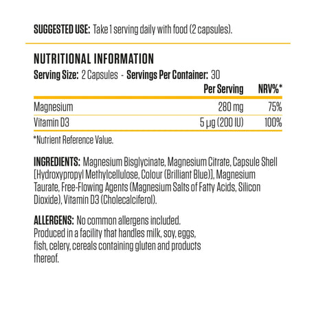 Nutritional information for Applied Nutrition Magnesium & Vitamin D3 showing 280mg Magnesium Bisglycinate and 200 IU Vitamin D3 (Cholecalciferol).