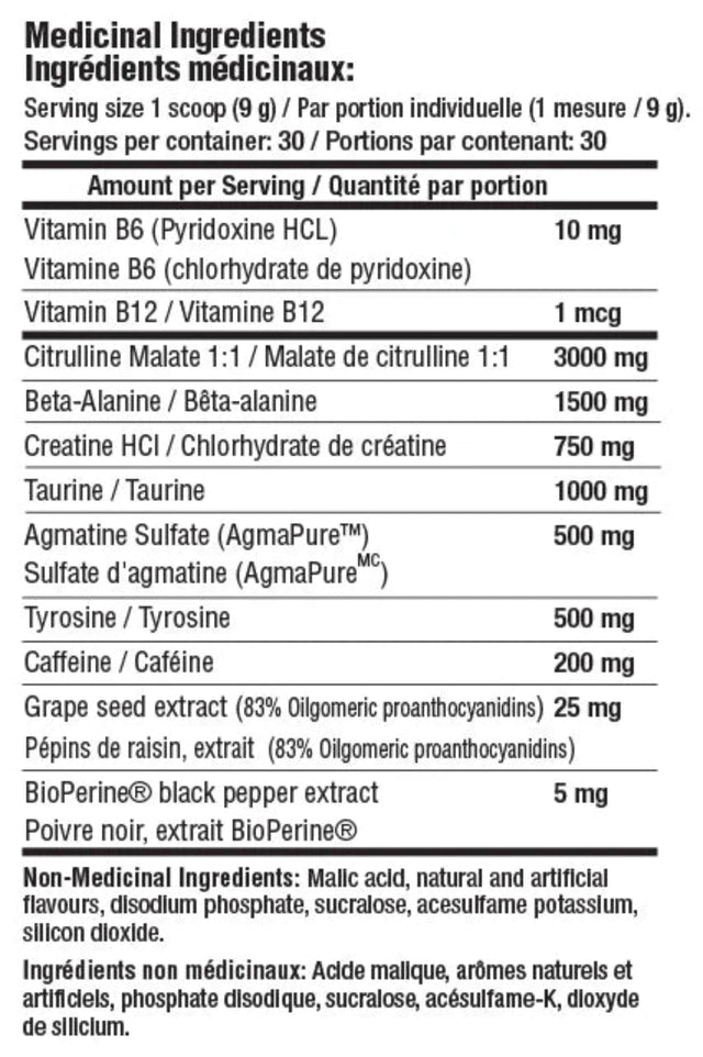 Mammoth Pump Pre-Workout (Swedish Very Berry) Medicinal Ingredients label showing 1 serving (9g) and 30 servings per container. Contains 10mg Vitamin B6, 1mcg Vitamin B12, 3000mg Citrulline Malate, 1500mg Beta-Alanine, 750mg Creatine HCl, 1000mg Taurine, 500mg Agmatine Sulfate (AgmaPure), 500mg Tyrosine, 200mg Caffeine, 25mg Grape Seed Extract, and 5mg BioPerine.