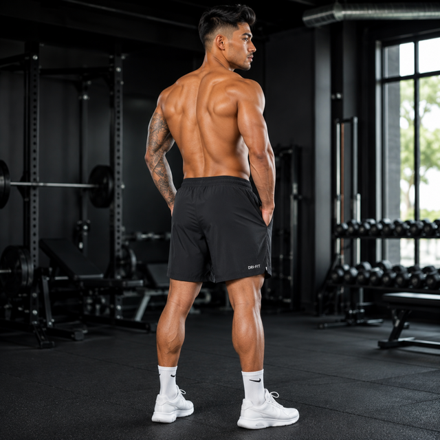 Back view of men wearing black performance training shorts in a gym.