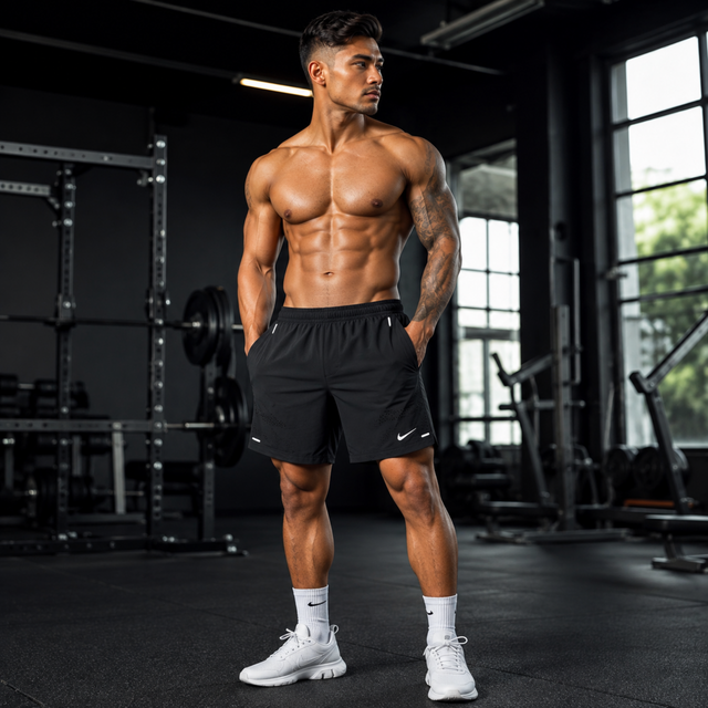 Men wearing black performance training shorts in a modern gym, front view.