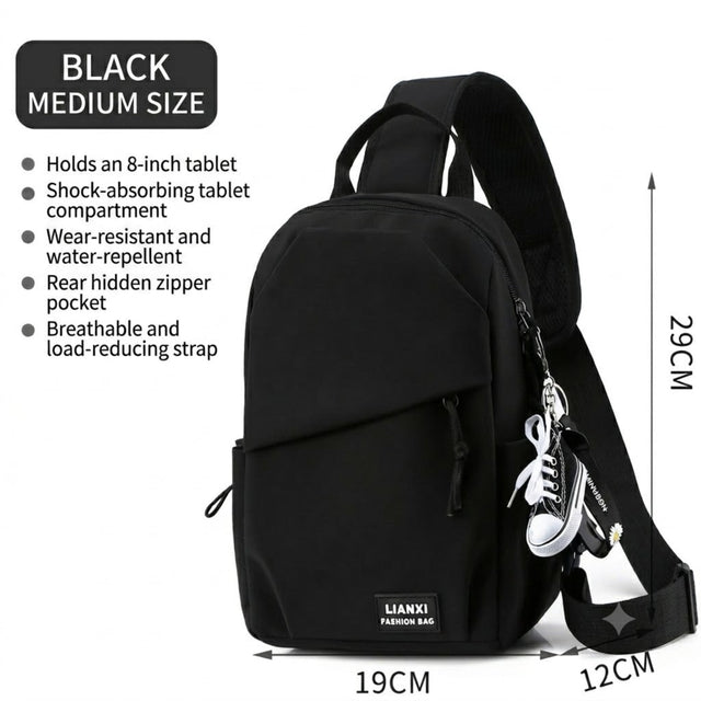 Black LIANXI fashion chest bag for men, 19cm by 29cm, showing front view with keychain accessory