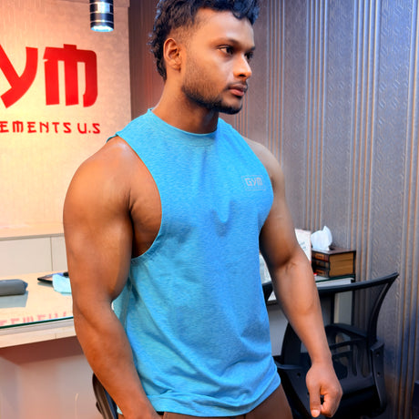 Men’s athletic stringer in sky blue, sleeveless gym workout shirt for bodybuilding.