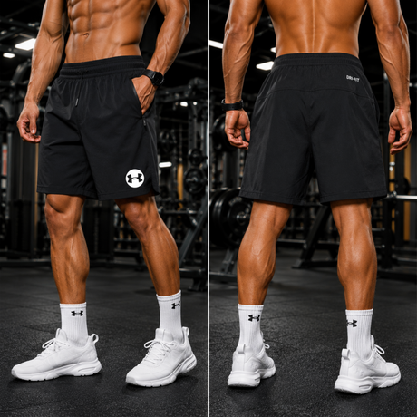 Men's Performance Training Shorts in black featuring a lightweight athletic fit with front and back views, zip pockets, and moisture wicking fabric for gym training and running.