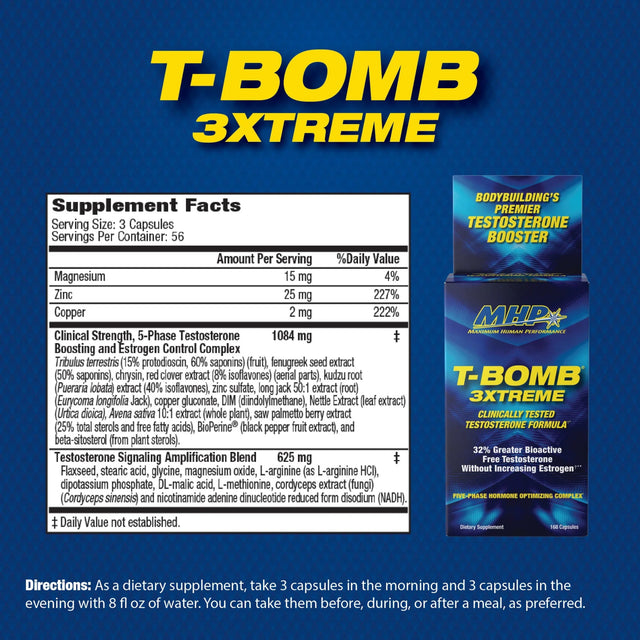 MHP T-BOMB 3 XTREME nutrition facts label showing ingredients, serving size, and daily values
