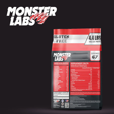 Nutrition Facts panel — Monster Labs 100% Whey Protein (4.4 lbs). Serving 33g: 24g protein, 130 kcal, 4g BCAA, 3.7g glutamine, gluten-free.