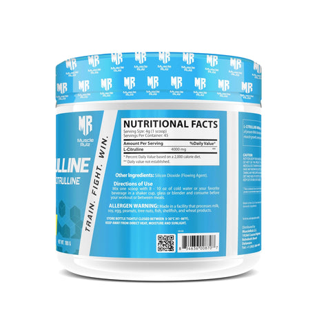 Supplement facts and nutritional label for Muscle Rulz L-Citrulline 4000mg. Shows 4g scoop size, 4000mg pure L-Citrulline per serving, and directions for use.