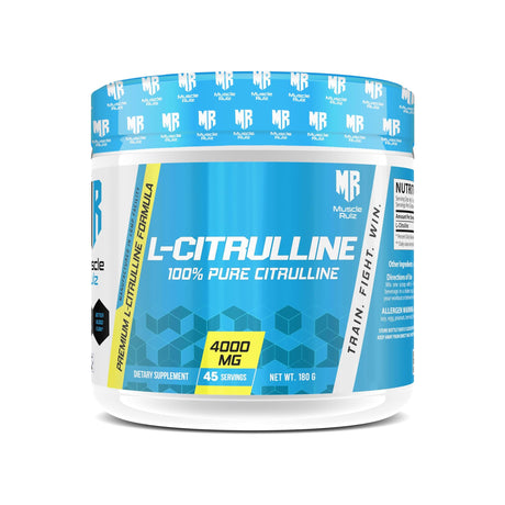 Muscle Rulz L-Citrulline 4000mg supplement jar, 180g powder with 45 servings. High-performance nitric oxide booster for better blood flow and muscle pumps.