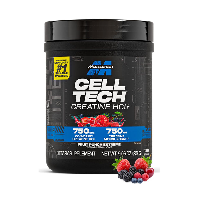 Muscletech Cell-Tech Creatine HCl+ supplement, 750mg Creatine HCl and 750mg Creatine Monohydrate, Fruit Punch Extreme flavor, 120 servings.