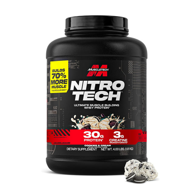 Large 4 lb tub of MuscleTech Nitro-Tech Cookies and Cream whey protein powder with 30g protein and 3g creatine for massive muscle growth and enhanced strength.