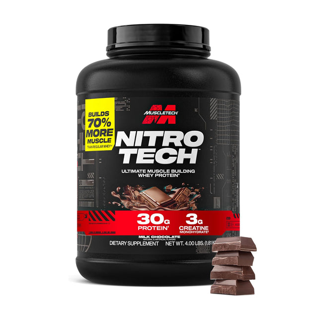 Large 4 lb tub of MuscleTech Nitro-Tech Milk Chocolate whey protein powder with 30g protein and 3g creatine monohydrate for unparalleled muscle development.