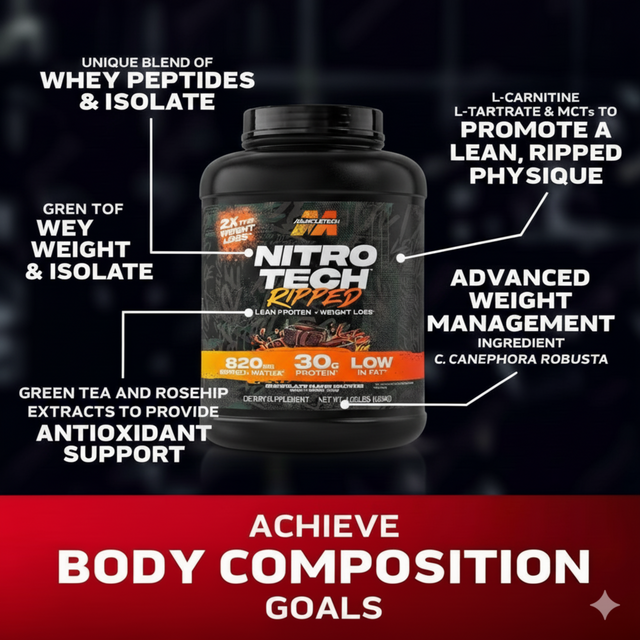 Muscletech Nitro Tech Ripped protein powder with whey peptides & isolate, L-Carnitine, C. canephora robusta, green tea & rosehip extracts to achieve body composition goals including lean muscle & weight loss.