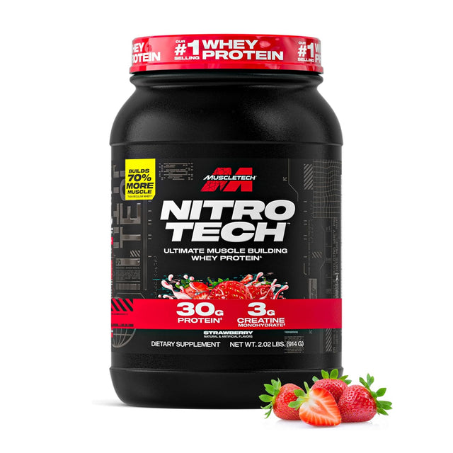 MuscleTech Nitro-Tech Strawberry whey protein powder tub (2.02 lbs / 914g) with 30g protein and 3g creatine for muscle growth, strength, and fast recovery.
