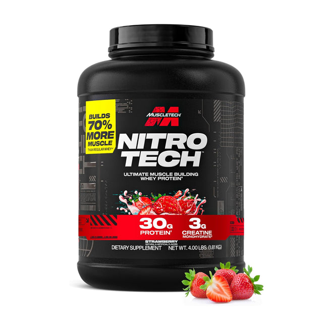 4 lb tub of MuscleTech Nitro-Tech Strawberry whey protein powder with 30g protein and 3g creatine monohydrate for ultimate muscle gains and strength.