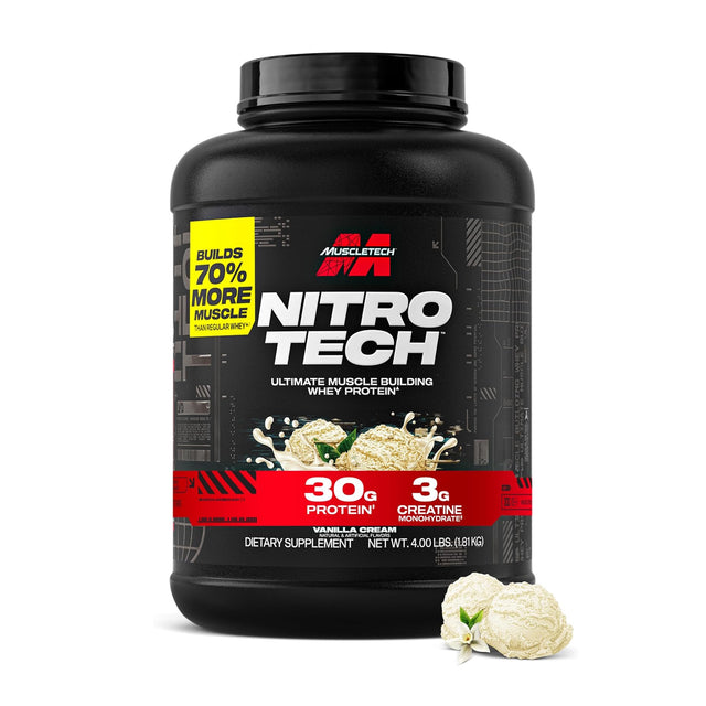 Large 4 lb tub of MuscleTech Nitro-Tech Vanilla Cream whey protein powder with 30g protein and 3g creatine monohydrate for superior muscle building and recovery.