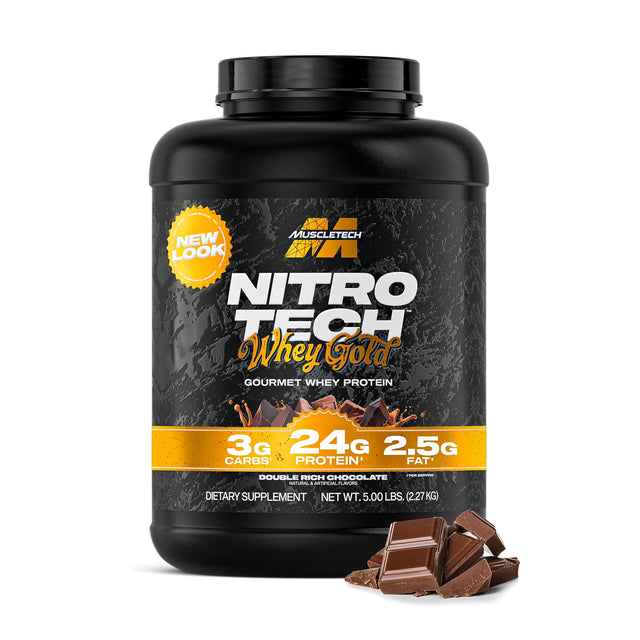 Muscletech Nitro Tech Whey Gold Double Rich Chocolate flavor 5lbs protein supplement – 24g protein, 3g carbs, 2.5g fat per serving.