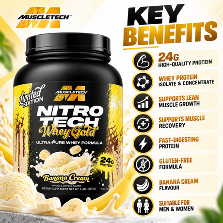 MuscleTech Nitro-Tech Whey Gold Banana Cream with 24g protein per serving