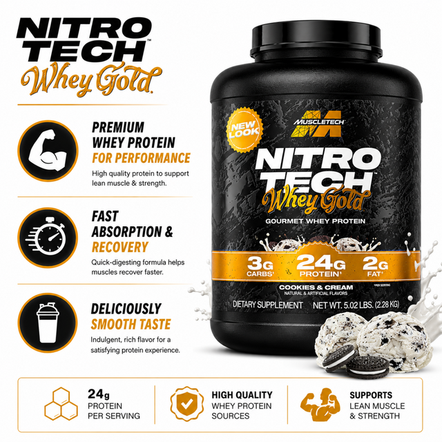 MuscleTech Nitro Tech Whey Gold Cookies and Cream delivers 24g of premium whey protein per serving to support muscle growth, strength, and faster recovery.