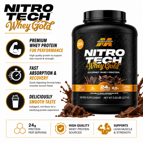 MuscleTech Nitro Tech Whey Gold Double Rich Chocolate 5lb Whey Protein with 24g Protein per Serving