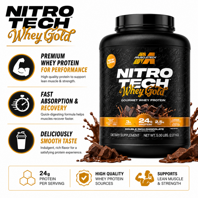 MuscleTech Nitro Tech Whey Gold Double Rich Chocolate 5lb Whey Protein with 24g Protein per Serving