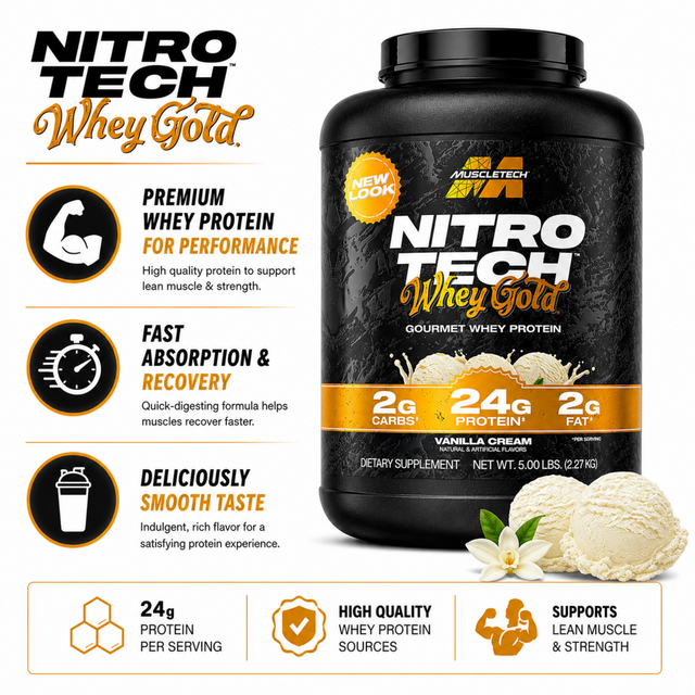 MuscleTech Nitro Tech Whey Gold Vanilla Cream 5lb Whey Protein with 24g Protein per Serving
