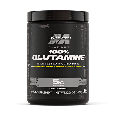 MuscleTech Platinum 100% Glutamine unflavored powder (300g) tub with 5g glutamine per serving for recovery and immune support.