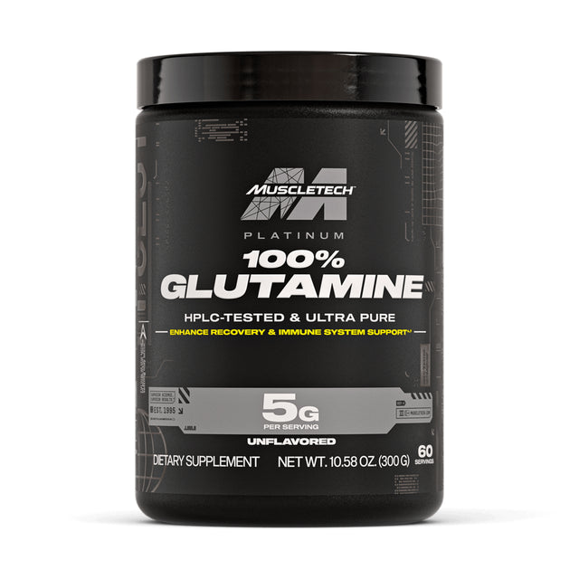 MuscleTech Platinum 100% Glutamine unflavored powder (300g) tub with 5g glutamine per serving for recovery and immune support.