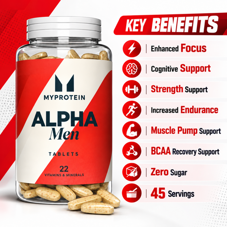 Myprotein Alpha Men Multivitamin Tablets key benefits with 22 vitamins and minerals