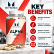 Myprotein Alpha Men Tablets with 22 vitamins and minerals, featuring vitamin B5, selenium, and everyday nutritional support benefits.