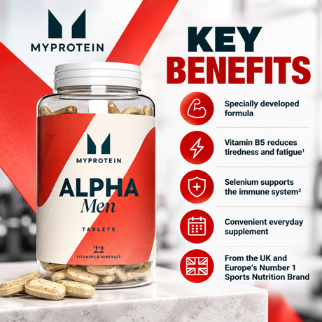 Myprotein Alpha Men Tablets with 22 vitamins and minerals, featuring vitamin B5, selenium, and everyday nutritional support benefits.