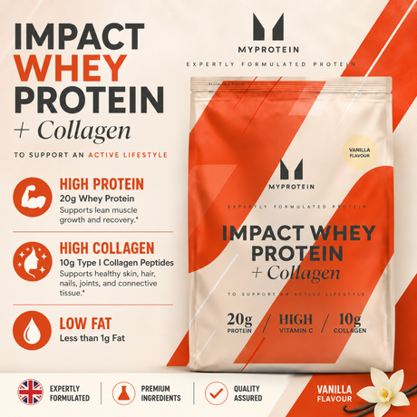 Myprotein Impact Whey Protein plus Collagen Vanilla Flavour pouch showing key benefits: 20g protein, 10g Type I Collagen Peptides, 10g whey protein, high Vitamin C, and low fat.