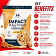 MyProtein Impact Whey Protein Milkshake in Salted Caramel flavor, featuring 20g of protein, 106 kcal, and no added sugar.