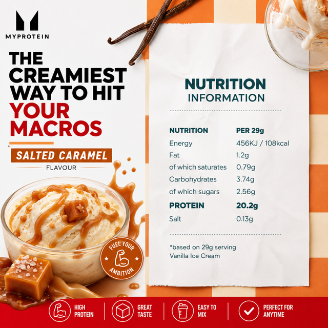 Nutrition information label for MyProtein Impact Whey Protein Salted Caramel, showing 20.2g of protein and 108kcal per 29g serving
