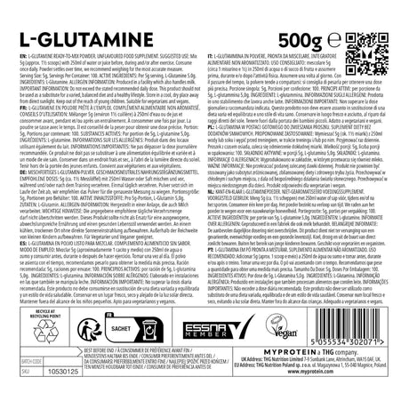 Nutrition facts of MyProtein L-Glutamine powder showing 5g pure amino acid per serving for muscle recovery