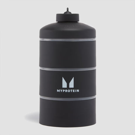 Myprotein Power Tower - Black 3-tier stackable supplement storage container for protein powder and pills.
