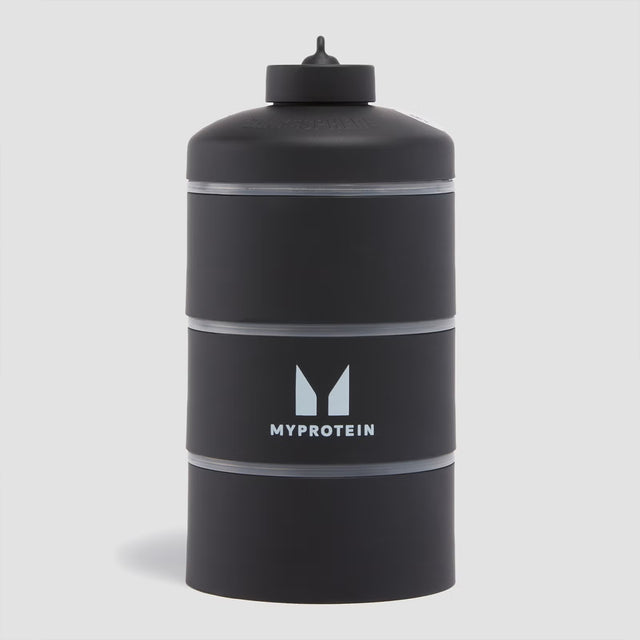 Myprotein Power Tower - Black 3-tier stackable supplement storage container for protein powder and pills.