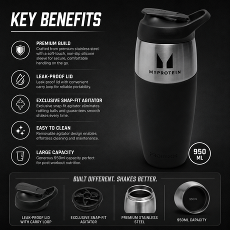 Myprotein X Promixx Stainless Steel Bottle 950ml in stealth black with built in agitator for smooth protein shakes.