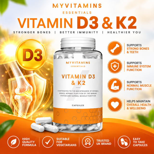 Myvitamins Vitamin D3 & K2 Capsules 4000 IU for bone, muscle and immune support