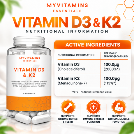 Myvitamins Vitamin D3 & K2 Capsules nutritional information with 100μg Vitamin D3 and 100μg Vitamin K2
