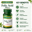 Nature's Bounty Folic Acid 800mcg 250 tablets bottle with key benefits including heart health, cell growth, and women's wellness.