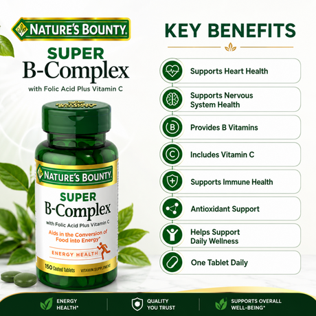 Nature's Bounty Super B-Complex 150 tablets key benefits for heart, nervous system, immune and daily wellness support