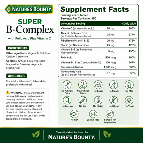 Nature's Bounty Super B-Complex 150 tablets Supplement Facts with Vitamin C, B vitamins, folic acid and biotin