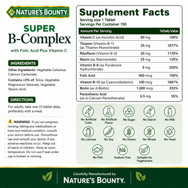 Nature's Bounty Super B-Complex 150 tablets Supplement Facts with Vitamin C, B vitamins, folic acid and biotin