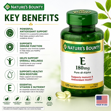 Nature's Bounty Vitamin E 180mg 120 softgels key benefits and antioxidant support