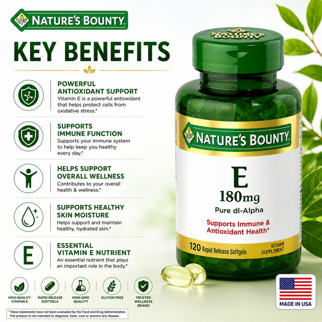 Nature's Bounty Vitamin E 180mg 120 softgels key benefits and antioxidant support