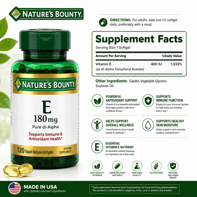 Nature's Bounty Vitamin E 180mg supplement facts and 400 IU per softgel