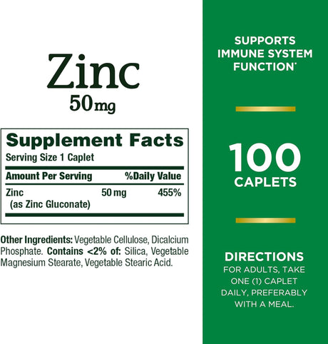 Nature's Bounty Zinc 50mg supplement facts label showing 100 caplets, immune support benefits, and directions for use