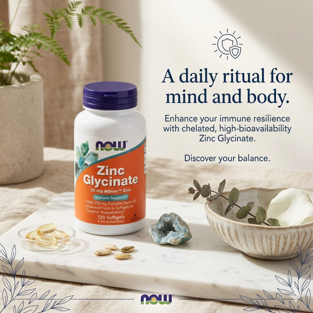 NOW Foods Zinc Glycinate 30 mg with Pumpkin Seed Oil, 120 Softgels, Immune Support dietary supplement bottle 