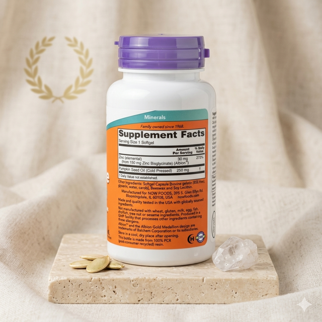 Supplement Facts label for NOW Foods Zinc Glycinate 30 mg, showing ingredients including Pumpkin Seed Oil and bovine gelatin